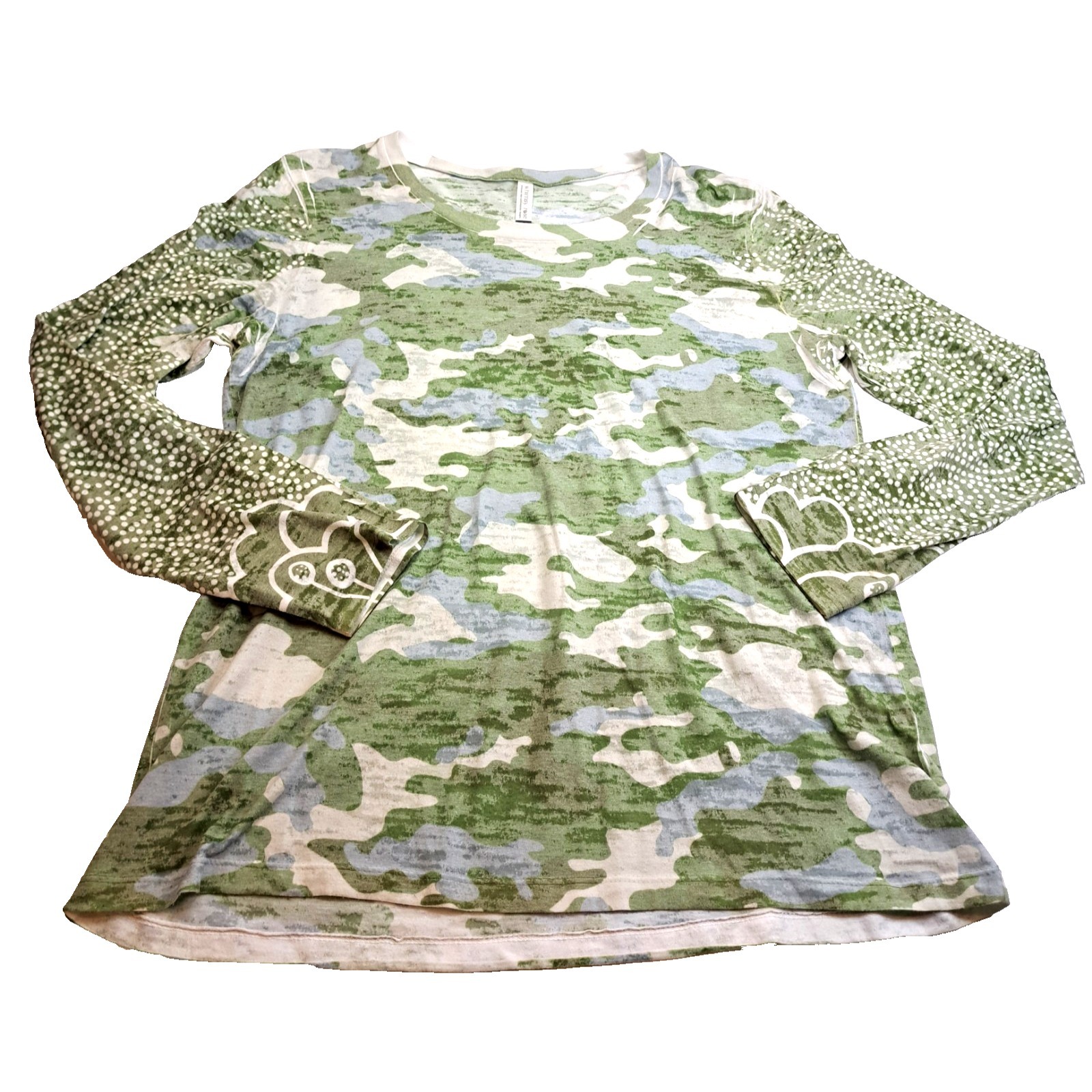Whimsy Rose Long Sleeve Thin Shirt Women's L Usa Camo Artsy Art To Wear Green